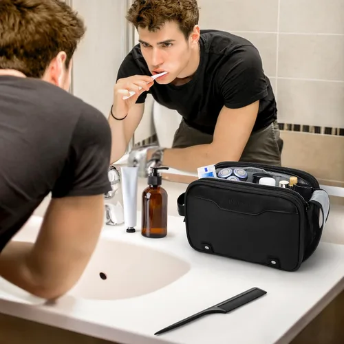 Miniatura 7 de Bolsa de aseo Wedama para hombres, bolsa de aseo colgante de viaje para viajes de negocios, natación, camping, Negro, M, Classic