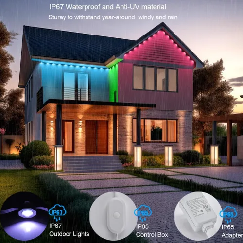 Miniatura 5 de Rosykite Luces de Navidad al Aire Libre - 50 pies de luces inteligentes RGB+IC para canalones con 63 escenas, impermeables IP67, control de voz