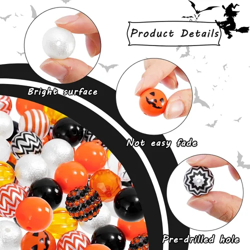 Miniatura 3 de Whaline Juego de 50 cuentas de Halloween de 0.787 pulgadas (0.787 in) mixtas de chicle, cuentas espaciadoras de Jack-O-Lantern, cuentas espaciadoras
