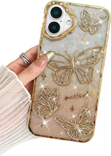 Miniatura 16 de BITOBE Diseñada para iPhone 15 Pro Max, bonita funda de mariposa 3D chapada en purpurina delgada para mujeres y niñas, protección de cámara, Negro