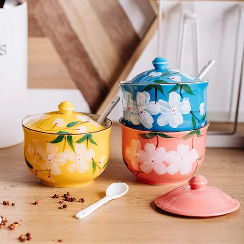 Miniatura 4 de FUYU Tarro de condimentos de cerámica con flores pintadas a mano con tapa y cuchara, recipiente para azúcar Azul