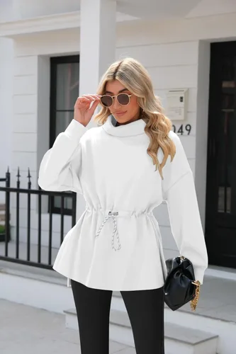 Miniatura 3 de Doshoop Sudaderas de cuello alto para mujer, de manga larga, con abertura lateral, con cordón en la cintura
