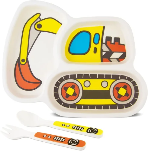 Miniatura 8 de Juego de platos para niños, incluye tenedor y cuchara, juego de 3 piezas, platos para niños pequeños, juego de platos divididos para alimentación