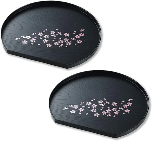 Miniatura 4 de JapanBargain, Juego de 2 bandejas de servir lacadas japonesas, diseño Sakura, bandejas de plástico ligeras para té y sushi, 8-7/8 x 7-7/8 pulgadas