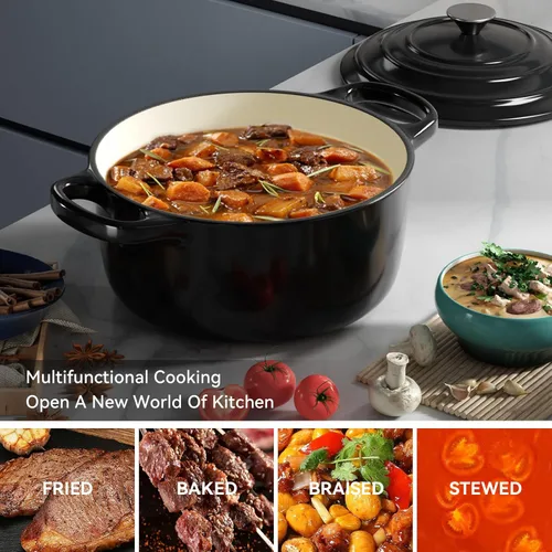 Miniatura 7 de Miereirl Olla Holandesa Esmaltada de 6 Cuartos con Tapa, Horno Holandés de Hierro Fundido con Asas Dobles para Hornear Pan, Cocinar, Utensilios