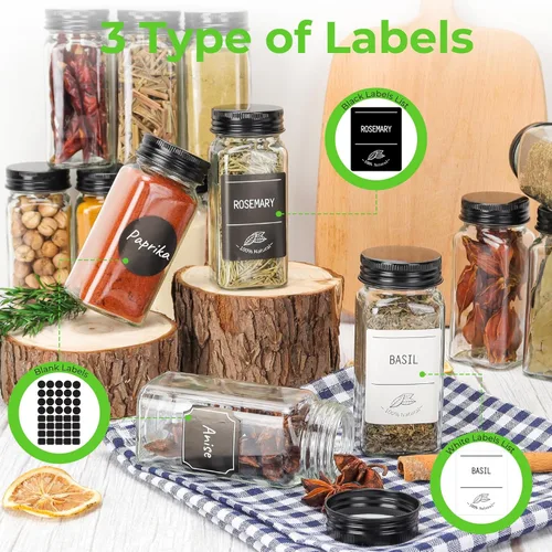 Miniatura 3 de CycleMore Paquete de 36 tarros de especias de vidrio de 4 onzas, recipientes cuadrados para especias con tapas de metal negro y tapa para verter
