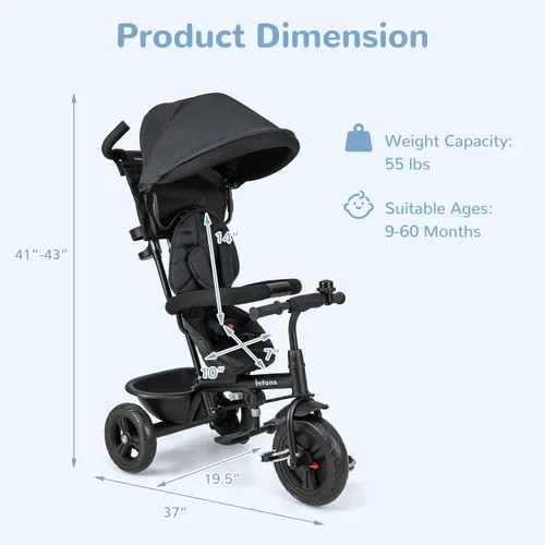 Miniatura 5 de INFANS Triciclo para Niños, Triciclo de Bebé 6 en 1 Bicicleta para Niños Pequeños con Asiento Reversible, Mango de Empuje Ajustable, Control