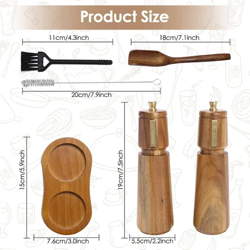 Miniatura 7 de Juego de molinillo de sal y pimienta de madera con cepillo y cuchara, molinillo manual de sal y pimienta de 8 pulgadas, grosor ajustable, molinillo