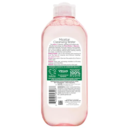 Miniatura 11 de Garnier Agua Micelar con Agua de Rosa y Glicerina, Limpiador Facial Hidratante y Removedor de Maquillaje, para Todo Tipo de Piel, Vegano, Sin