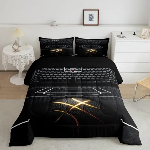 Miniatura 24 de Juego de edredón de fútbol para niños, tamaño individual, con líneas geométricas doradas, campo de fútbol, 2 piezas, para niños, adolescentes