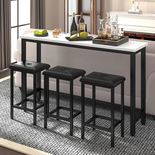 Miniatura 3 de Juego de mesa de bar para 3, juego de mesa de mármol sintético de 60.2 pulgadas detrás del sofá, moderna mesa de sofá con 3 taburetes tapizados