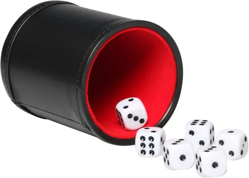 Miniatura 4 de Juego de dados de cuero sintético, coctelera de dados de fieltro para Yahtzee/Farkle/Bar Party Dados, incluye dados de punto de 0.630 in