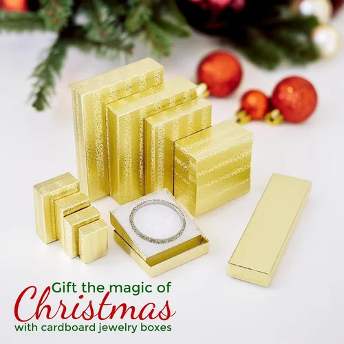 Miniatura 4 de TheDisplayGuys - Paquete de 25 Cajas de Regalo de Papel Cartón Kraft #82/Estuches para Joyas con Relleno de Algodón y Tapa - Lámina Dorada