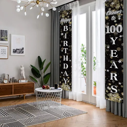 Miniatura 2 de Cartel de feliz cumpleaños número 100 en negro y plateado para puerta de hogar, decoración de fiesta de cumpleaños número 100