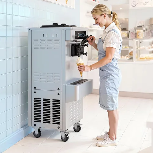 Miniatura 8 de VEVOR Máquina de helados comercial, 20-28L/H de rendimiento 2200 W, máquina de helado suave independiente con 3 sabores, 2 tolvas de 6 L, bomba
