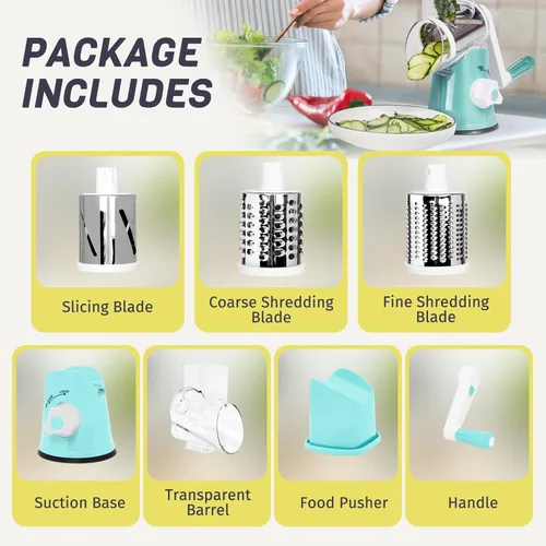 Miniatura 9 de Rallador de queso giratorio X Home para cocina, triturador con 3 cuchillas intercambiables, rallador giratorio con mango y base de succión fuerte
