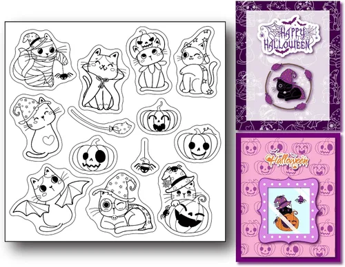 Sellos transparentes de gato de Halloween para hacer tarjetas o diario de Halloween, calabaza, bruja, araña, lindo gatito, sellos de silicona