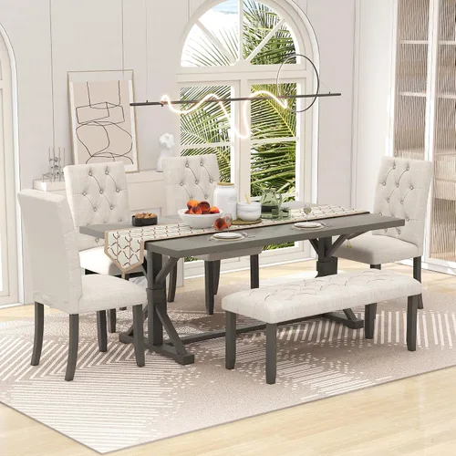 Miniatura 18 de LUMISOL Juego de 6 mesas de comedor de estilo rústico para 6, mesa de cocina de madera maciza de 60 pulgadas con banco y 4 sillas, acabado marrón