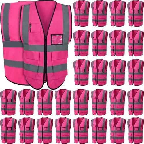 Miniatura 10 de Leumoi Paquete de 30 chalecos de seguridad reflectantes con bolsillos y cremallera de alta visibilidad para mujeres y hombres para el trabajo