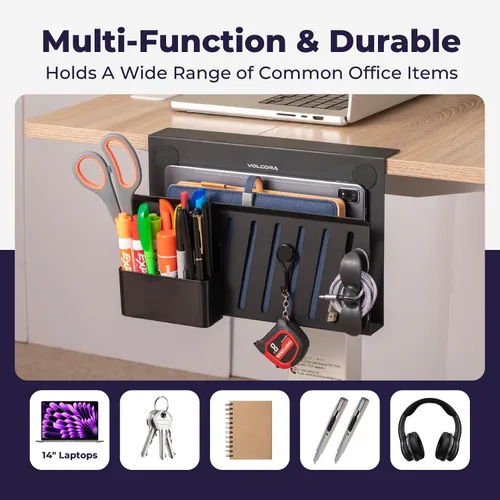 Miniatura 6 de Volcora Almacenamiento lateral, soporte para debajo de la laptop, organizador sin taladros con caja magnética para bolígrafos, abrazadera