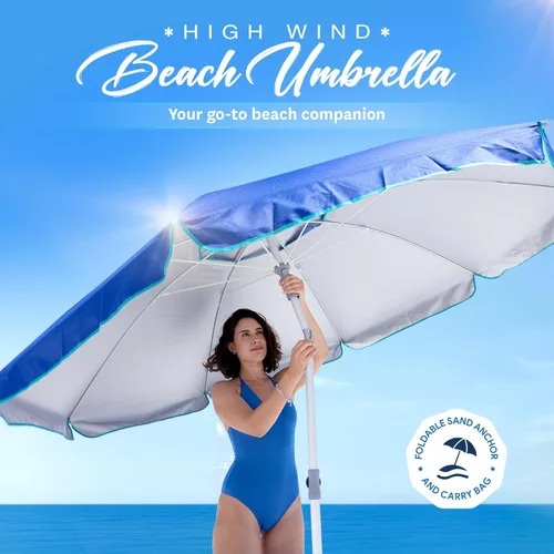 Miniatura 2 de AMMSUN Sombrilla de playa resistente de 7 pies para vientos fuertes con anclaje de arena, poste inclinable con ventilación y bandeja de mesa Azul