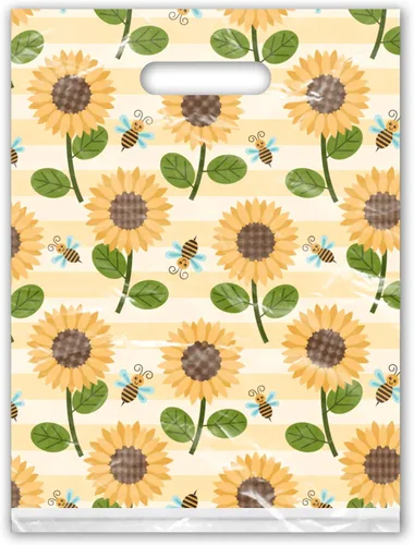 Miniatura 2 de Bolsas de mercancía de diseño de girasoles y abejas de 12 x 15 pulgadas, 50 unidades, con asas troqueladas, bolsas de compras impresas de primera