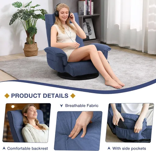Miniatura 6 de Linen Fabric Ergonomic Gaming Chair, 6-Position Reclining Sofa Bed with Lumbar Support, Foldable Floor Lounger with Thick Cushion, Armrests & Side