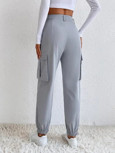 Miniatura 2 de MakeMeChic Pantalones cargo casuales de cintura alta para mujer con bolsillos