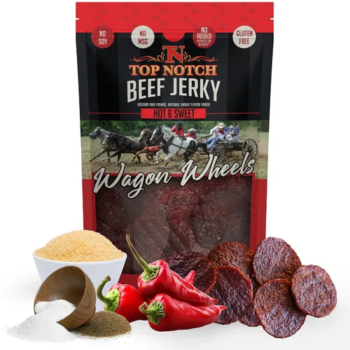 Miniatura 13 de Top Notch Wagon Wheels Jerky – Snacks altos en proteínas para niños y adultos hechos de carne de res criada localmente – Rondas sabrosas de carne