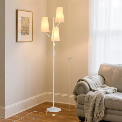 Miniatura 7 de SRJJA Lámpara de pie industrial para sala de estar, lámpara de pie de árbol de 3 luces de 70 pulgadas de alto con poste blanco, lámparas de pie