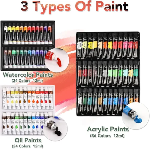 Miniatura 3 de ESRICH Juego de 141 piezas de pintura de artista de lujo, suministros de pintura con 84 pinturas (aceite, acuarela, pintura acrílica) caballetes