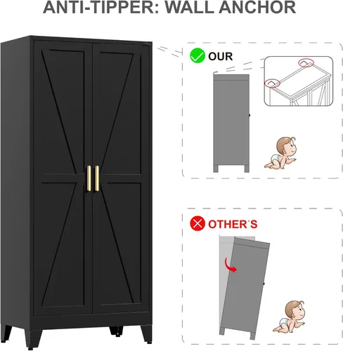 Miniatura 7 de LCAOPC Armario de metal de 71 pulgadas de alto con estantes ajustables y barra para colgar, 2 puertas, armario independiente para dormitorio, Negro
