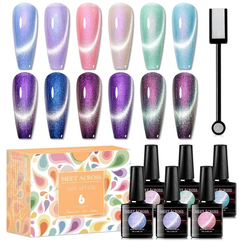 Miniatura 8 de MEET ACROSS Colorful Clouds - Juego de esmaltes de uñas de gel de ojo de gato, kit de manicura con luz LED UV, 6 colores con barra magnética