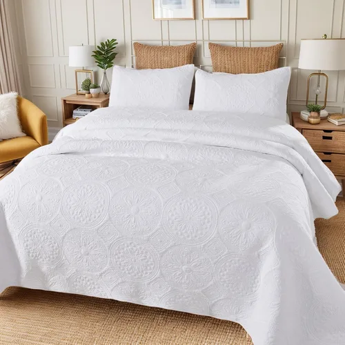 Miniatura 2 de Brandream juego de cama de lujo de 3 piezas, color blanco, de gran tamaño, juego de edredón, tamaño queen