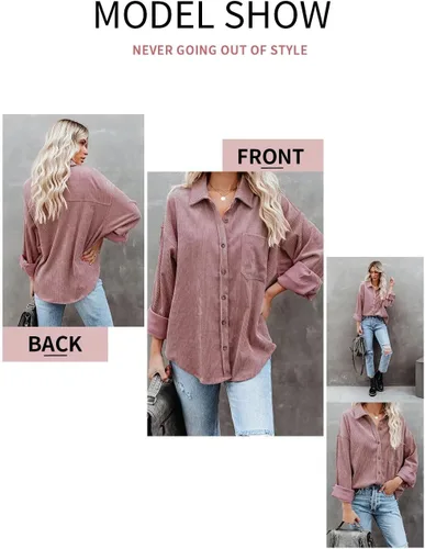 Miniatura 2 de Magritta Camisas de manga larga con cuello en V y botones para mujer, blusas de gran tamaño con bolsillos