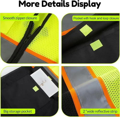 Miniatura 4 de BeautyWill Chalecos de seguridad con logotipo personalizado, chaleco reflectante clase 2 ANSI con bolsillos cremallera alta visibilidad construcción