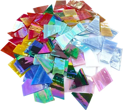 LITMIND Restos de vitrales iridiscentes de 2.2 libras de colores mixtos, azulejos de mosaico irregulares y piezas rotas para arte de vidrieras,