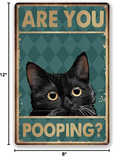 Miniatura 9 de Cartel de decoración de baño de gato negro divertido de 8 x 12 pulgadas, arte de pared de metal, letrero de "Are You Pooping", letrero de baño