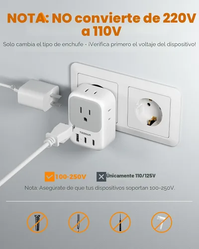 Miniatura 2 de Paquete de 2 adaptadores de enchufe de viaje europeos (sin conversión de voltaje), TESSAN adaptador de enchufe de EE. UU. a Europa con 4 tomas