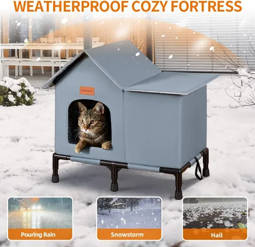 Miniatura 3 de Casa de gatos al aire libre aislada resistente al agua para invierno refugio para gatos salvajes con fondo elevado diseño auto-calentamiento a