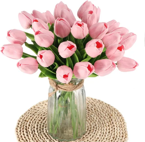 Miniatura 8 de 30 tulipanes reales al tacto, flores de poliuretano, tulipanes artificiales para arreglos de boda, fiesta, Pascua, primavera, hogar, comedor, Rosa