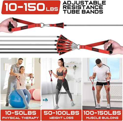 Miniatura 5 de WALITO - Juego de bandas de resistencia con asas, anclaje de puerta, correas de tobillo para piernas, para entrenamiento de resistencia pesada, Rojo