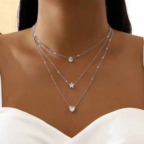 Miniatura 2 de YienDoo Collar de cristal con capas de estilo bohemio, gargantilla de lágrima de cristal, corazón, gotas de agua, estrella, collar multicapa dorado