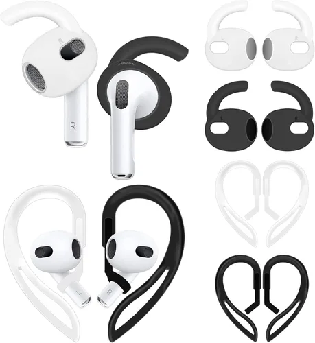 Kit de 4 pares antideslizantes compatibles con AirPods de 3ª generación, ganchos deportivos de silicona para las orejas y rotación de 360°, longitud