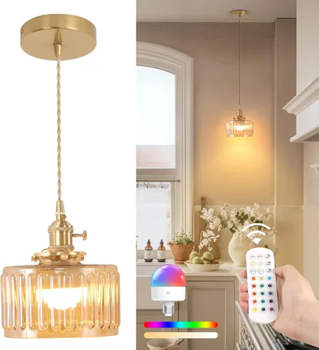 Miniatura 60 de Shenmoyl Lámpara colgante con pantalla de vidrio transparente a rayas, luz colgante vintage de latón, luz colgante ajustable para cocina, isla