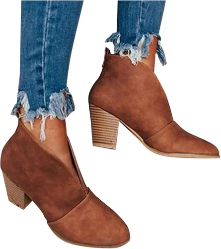 Miniatura 5 de Botas para mujer, botas de plataforma retro sin cordones con corte en V para mujer, botas de tobillo con punta puntiaguda, botas cortas casuales