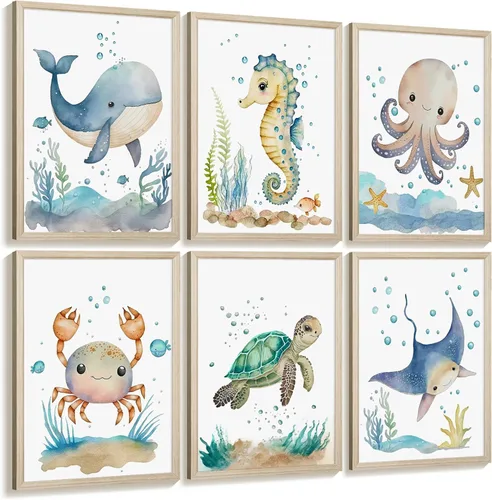 Juego de 6 decoración de pared de animales marinos para guardería, lienzo de acuarela de océano, arte de pared para habitación de bebés y niños,