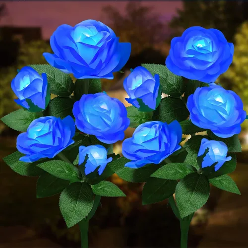 Luces Solares de Flores al Aire Libre - Luces LED Solares Realistas Actualizadas Impermeables con 5 Rosas, Luz Decorativa Solar con Estaca para Azul