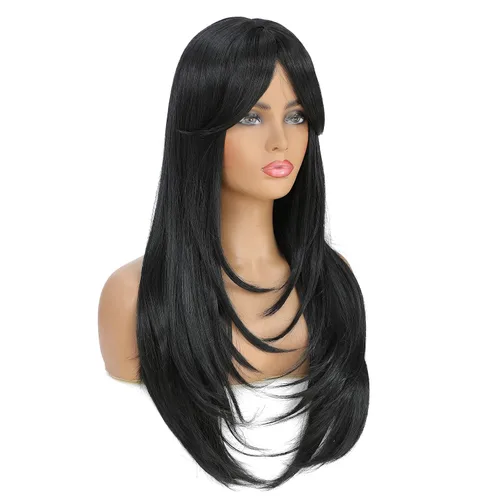 Miniatura 3 de SWACC Peluca de pelo sintético con flequillo largo en capas para mujeres con gorra de peluca (negro)