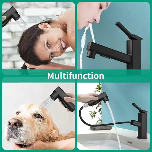 Miniatura 7 de Grifo de baño de un solo agujero, grifo de lavabo de baño moderno extraíble con 3 modos de flujo de agua, grifos de baño con rociador